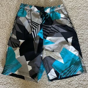 Boys Teal, Black & Gray Geometric Swim Trunks